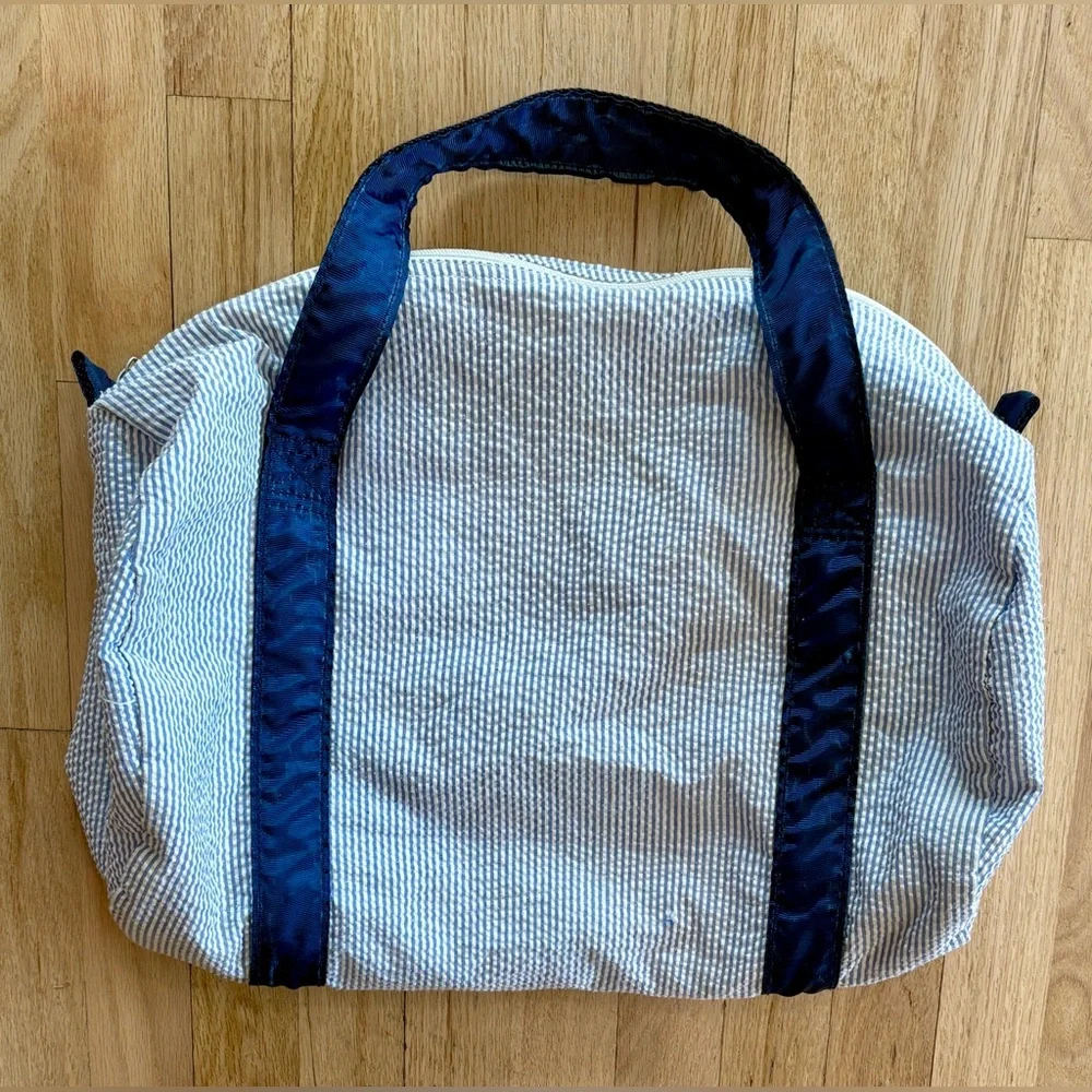 Red Levi Personalized Seersucker Duffle Bag Blue White Stripe Weekend Travel Bag